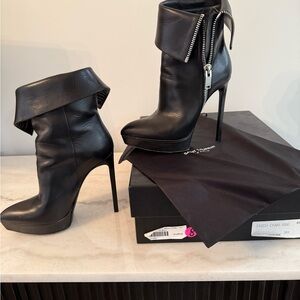 Saint Laurent Black Leather Fold-Over Heeled Boots